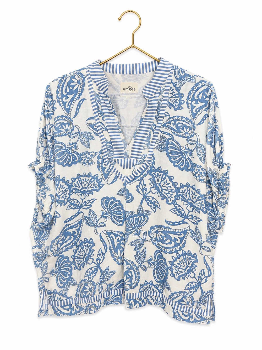Umgee Blue & White Floral Paisley Blouse — Small